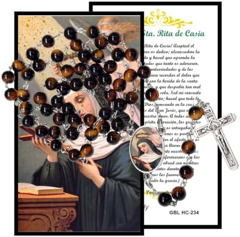 Santa Rita de Casia Rosario Católico de Piedra Natural Tiger Eye, Cuentas de Oración con Crucifijo Plateado y Medalla Central, Cadena Resistente para Uso Diario y Regalos Religiosos
