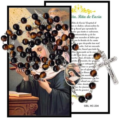 Santa Rita de Casia Rosario Católico de Piedra Natural Tiger Eye, Cuentas de Oración con Crucifijo Plateado y Medalla Central, Cadena Resistente para Uso Diario y Regalos Religiosos