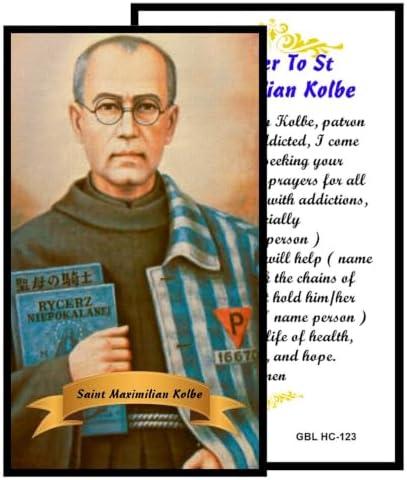 St. Maximilian Kolbe Catholic Prayer Pin Brooch, Gold-Tone Rhinestone Safety Pin with Saint Medal, Cross Charm, White Pearl Bead Accent & English Prayer Card, Religious Faith Jewelry Gift
