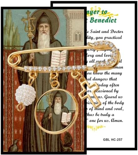 St. Benedict Gold-Tone Safety Pin Brooch with Saint Medal, Cross Charm, Pearl Accent & Crystal Details, Catholic Religious Faith Pin, Inspirational Gift