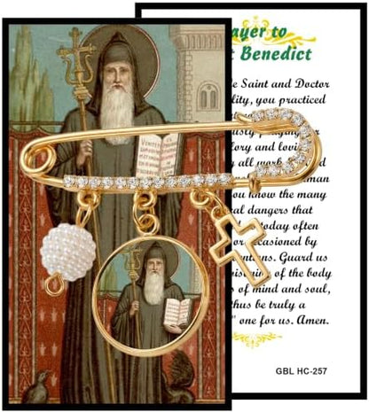 St. Benedict Gold-Tone Safety Pin Brooch with Saint Medal, Cross Charm, Pearl Accent & Crystal Details, Catholic Religious Faith Pin, Inspirational Gift