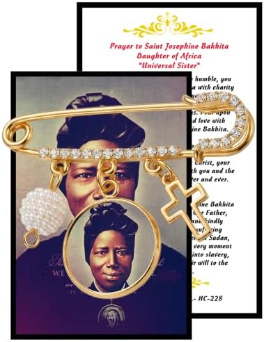 St. Josephine Bakhita Gold-Tone Safety Pin Brooch with Saint Medal, Cross Charm, Pearl Accent & Crystal Details, Catholic Religious Faith Pin, Inspirational Gift