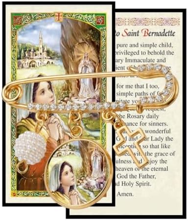 St. Bernadette Catholic Prayer Pin Brooch, Gold-Tone Rhinestone Safety Pin with Saint Medal, Cross Charm, Pearl Bead Accent & English Prayer Card, Religious Faith Jewelry Gift