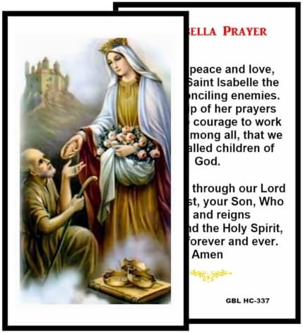 St. Isabelle Catholic Prayer Pin Brooch, Gold-Tone Rhinestone Safety Pin with Saint Medal, Cross Charm, Pearl Bead Accent & English Prayer Card, Religious Faith Jewelry Gift