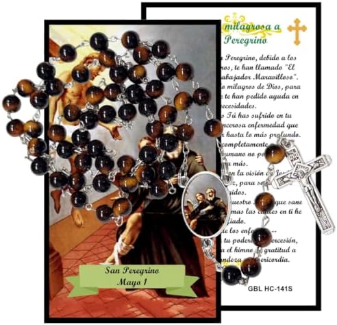 San Peregrino Rosario Católico de Piedra Natural Tiger Eye, Cuentas de Oración con Crucifijo Plateado y Medalla Central, Cadena Resistente para Uso Diario y Regalos Religiosos