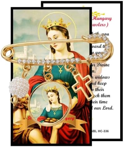St. Elizabeth of Hungary Catholic Prayer Pin Brooch, Gold-Tone Rhinestone Safety Pin with Saint Medal, Cross Charm, Pearl Bead Accent & English Prayer Card, Religious Faith Jewelry Gift