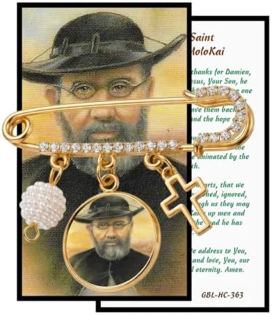 St. Damien of Molokai Catholic Prayer Pin Brooch, Gold-Tone Rhinestone Safety Pin with Saint Medal, Cross Charm, White Pearl Bead Accent & English Prayer Card, Religious Faith Jewelry Gift