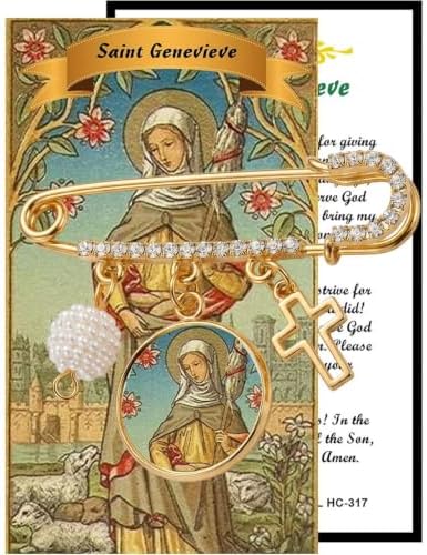Saint Genevieve Catholic Prayer Pin Brooch, Gold-Tone Rhinestone Safety Pin with Saint Medal, Cross Charm, White Pearl Bead Accent & English Prayer Card, Religious Faith Jewelry Gift