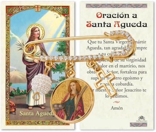 Saint Agatha Breast Cancer Patron Gold-Tone Safety Pin Brooch with Saint Medal, Cross Charm, Pearl Accent & Crystal Details. Inspirational Religious Faith Pin