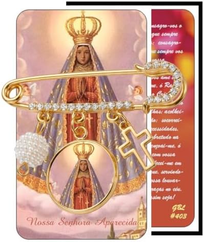 Nossa Senhora Aparecida Gold-Tone Saint Medal Safety Pin Brooch with Cross Charm, Pearl Accent & Crystal Details – Religious Faith Pin for Baptism, Christening, First Communion, Everyday Wear