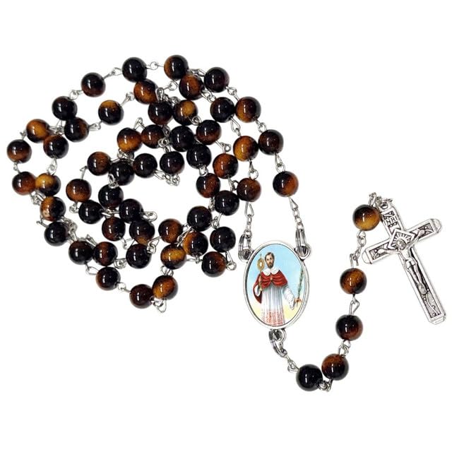 Gifts by Lulee, LLC San Ramón Nonato Rosario Católico de Piedra Natural Tiger Eye, Cuentas de Oración con Crucifijo Plateado y Medalla Central, Cadena Resistente para Uso Diario y Regalos Religiosos