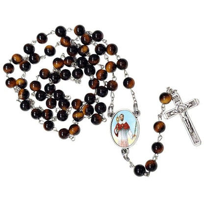 Gifts by Lulee, LLC San Ramón Nonato Rosario Católico de Piedra Natural Tiger Eye, Cuentas de Oración con Crucifijo Plateado y Medalla Central, Cadena Resistente para Uso Diario y Regalos Religiosos