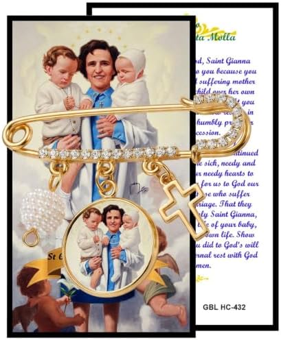 St. Gianna Beretta Molla Catholic Prayer Pin Brooch, Gold-Tone Rhinestone Safety Pin with Saint Medal, Cross Charm, Pearl Bead Accent & English Prayer Card, Religious Faith Jewelry Gift