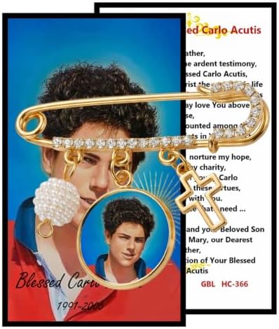 Blessed Carlo Acutis Catholic Prayer Pin Brooch, Gold-Tone Rhinestone Safety Pin with Saint Medal, Cross Charm, Pearl Bead Accent & English Prayer Card, Religious Faith Jewelry Gift