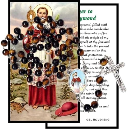 Saint Raymond Nonnatus Catholic Rosary with Natural Tiger Eye Beads, Silver Crucifix and Center Medal, English Prayer Card, Natural Stone Prayer Beads for Daily Prayer, Devotion & Gifting