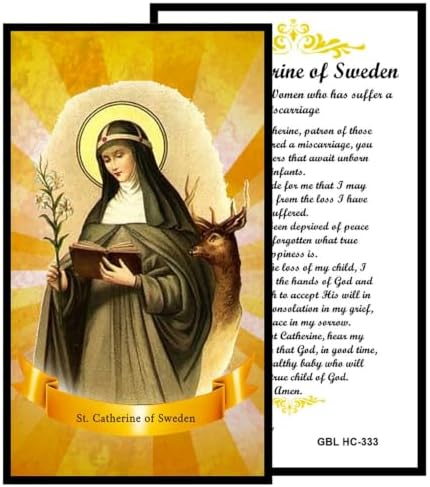 St. Catherine of Sweden Catholic Prayer Pin Brooch, Gold-Tone Rhinestone Safety Pin with Saint Medal, Cross Charm, Pearl Bead Accent & English Prayer Card, Religious Faith Jewelry Gift