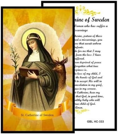 St. Catherine of Sweden Catholic Prayer Pin Brooch, Gold-Tone Rhinestone Safety Pin with Saint Medal, Cross Charm, Pearl Bead Accent & English Prayer Card, Religious Faith Jewelry Gift