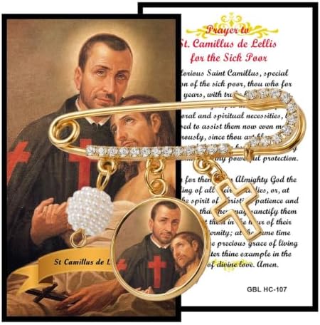 St. Camillus de Lellis Catholic Prayer Pin Brooch, Gold-Tone Rhinestone Safety Pin with Saint Medal, Cross Charm, Pearl Bead Accent & English Prayer Card, Religious Faith Jewelry Gift