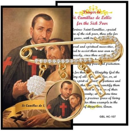 St. Camillus de Lellis Catholic Prayer Pin Brooch, Gold-Tone Rhinestone Safety Pin with Saint Medal, Cross Charm, Pearl Bead Accent & English Prayer Card, Religious Faith Jewelry Gift