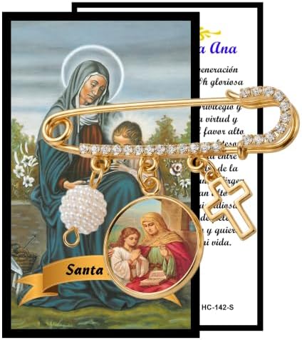Saint Anne Patron of Grandmothers Gold-Tone Safety Pin Brooch with Saint Medal Cross Charm Pearl Accent and Crystal Details Inspirational Religious Faith Pin