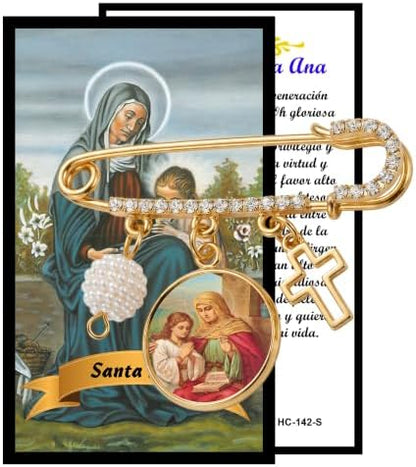 Saint Anne Patron of Grandmothers Gold-Tone Safety Pin Brooch with Saint Medal Cross Charm Pearl Accent and Crystal Details Inspirational Religious Faith Pin