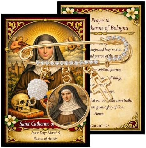St. Catherine of Bologna Catholic Prayer Pin Brooch, Gold-Tone Rhinestone Safety Pin with Saint Medal, Cross Charm, Pearl Bead Accent & English Prayer Card, Religious Faith Jewelry Gift