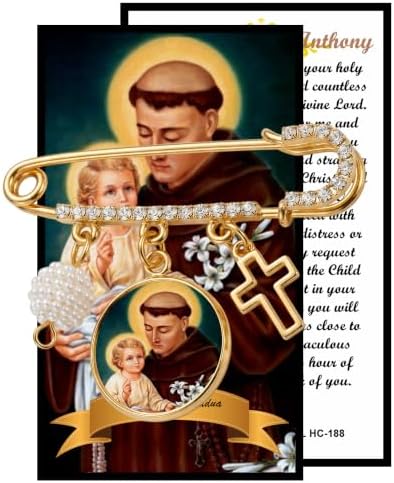 San Antonio Patrono de los Objetos Perdidos y del Amor Broche Imperdible Dorado con Medalla de Santo Cruz Dijes de Perla y Detalles de Cristal Pin Religioso Inspirador de Fe