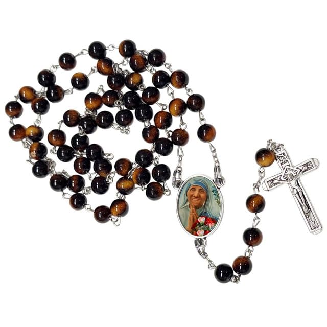 Gifts by Lulee, LLC Mother Teresa Catholic Rosary with Natural Tiger Eye Beads, Silver Crucifix and Center Medal, English Prayer Card, Natural Stone Prayer Beads for Daily Prayer, Devotion & Gifting