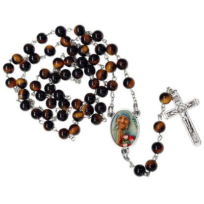 Gifts by Lulee, LLC Mother Teresa Catholic Rosary with Natural Tiger Eye Beads, Silver Crucifix and Center Medal, English Prayer Card, Natural Stone Prayer Beads for Daily Prayer, Devotion & Gifting