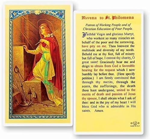 St. Philomena Catholic Prayer Pin Brooch, Gold-Tone Rhinestone Safety Pin with Saint Medal, Cross Charm, Pearl Bead Accent & English Prayer Card, Religious Faith Jewelry Gift