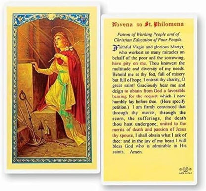 St. Philomena Catholic Prayer Pin Brooch, Gold-Tone Rhinestone Safety Pin with Saint Medal, Cross Charm, Pearl Bead Accent & English Prayer Card, Religious Faith Jewelry Gift