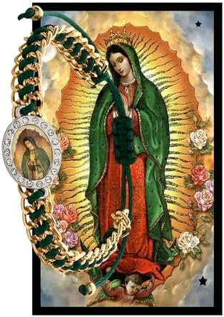 Our Lady of Guadalupe Bracelet, Green Cord with Gold Chain, Crystal Rhinestone Medallion, Catholic Religious Jewelry and a free Blessed prayer card in English or Español