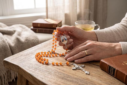 Saint Francis of Sales Patron of the Deaf Handcrafted Mandarin Crystal Beaded Rosary with Silver Plated Findings a Cabochon Bezel Center with Color Image and Silver Capped Pater Noster Beads Includes a Prayer Card IN ENGLISH