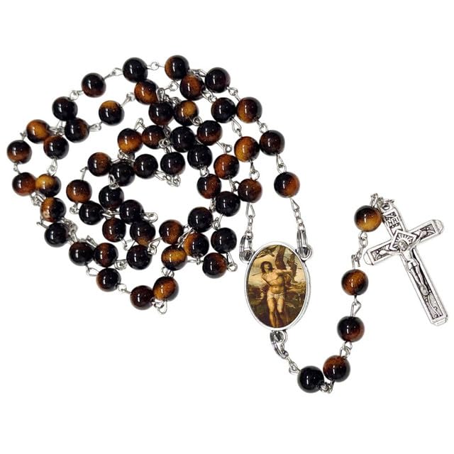 Saint Sebastian Catholic Rosary with Natural Tiger Eye Beads, Silver Crucifix and Center Medal, English Prayer Card, Natural Stone Prayer Beads for Daily Prayer, Devotion & Gifting