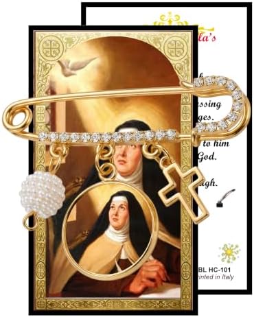 St. Teresa of Ávila Gold-Tone Safety Pin Brooch with Saint Medal, Cross Charm, Pearl Accent & Crystal Details, Catholic Religious Faith Pin, Inspirational Gift