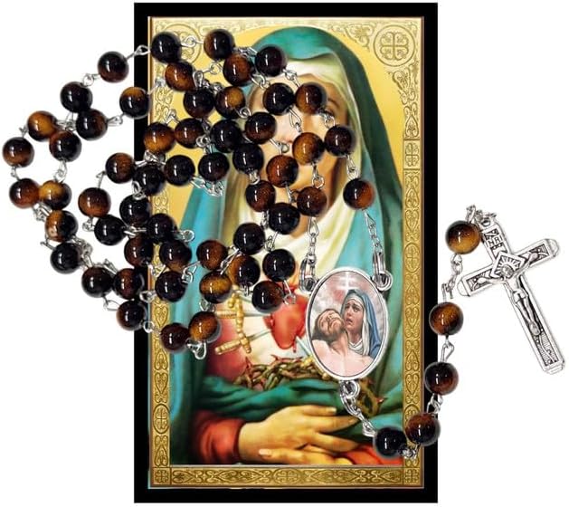 Nuestra Señora de los Dolores Rosario Católico de Piedra Natural Tiger Eye, Cuentas de Oración con Crucifijo Plateado y Medalla Central, Cadena Resistente para Uso Diario y Regalos Religiosos