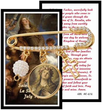 Saint Rosalia Catholic Prayer Pin Brooch, Gold-Tone Rhinestone Safety Pin with Saint Medal, Cross Charm, White Pearl Bead Accent & English Prayer Card, Religious Faith Jewelry Gift