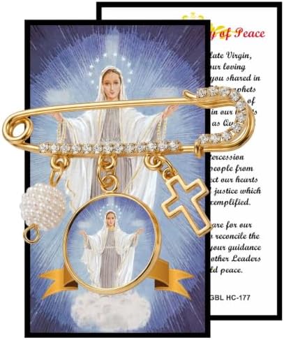 Queen of Peace Catholic Prayer Pin Brooch, Gold-Tone Rhinestone Safety Pin with Virgin Mary Medal, Cross Charm, White Pearl Bead Accent & English Prayer Card, Religious Faith Jewelry Gift