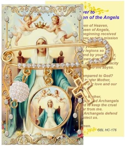 Queen of Angels Catholic Prayer Pin Brooch, Gold-Tone Rhinestone Safety Pin with Virgin Mary Medal, Cross Charm, White Pearl Bead Accent & English Prayer Card, Religious Faith Jewelry Gift