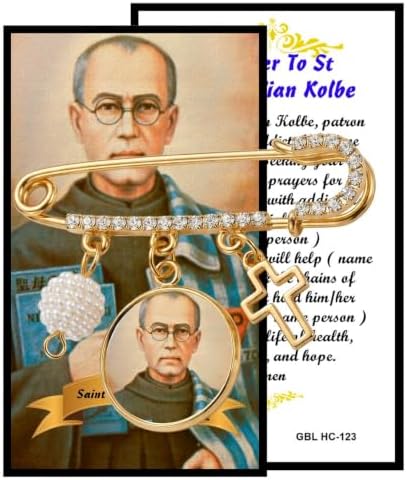 St. Maximilian Kolbe Catholic Prayer Pin Brooch, Gold-Tone Rhinestone Safety Pin with Saint Medal, Cross Charm, White Pearl Bead Accent & English Prayer Card, Religious Faith Jewelry Gift