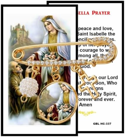 St. Isabelle Catholic Prayer Pin Brooch, Gold-Tone Rhinestone Safety Pin with Saint Medal, Cross Charm, Pearl Bead Accent & English Prayer Card, Religious Faith Jewelry Gift