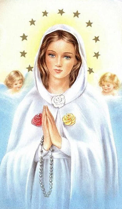 Maria Rosa Mistica Pureza Amor y Humildad Rosario artesanal de cristal de cuarzo ahumado con crucifijo bañado en plata y centro con imagen a color – crucifijos por Padre Nuestros y postal de rezo EN ESPANOL
