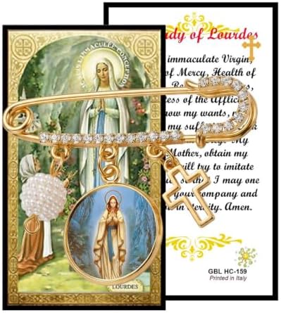 Our Lady of Lourdes Catholic Prayer Pin Brooch, Gold-Tone Rhinestone Safety Pin with Saint Medal, Cross Charm, White Pearl Bead Accent & English Prayer Card, Religious Faith Jewelry Gift