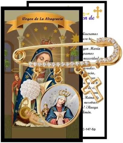 Broche Imperdible Dorado Virgen de la Altagracia con Medalla, Cruz, Perla y Detalles de Cristal. Pin Religioso Inspirador de Fe