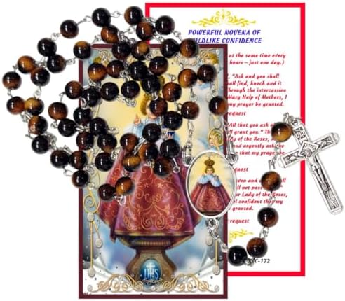 Infant Jesus of Prague Catholic Rosary with Natural Tiger Eye Beads, Silver Crucifix and Center Medal, English Prayer Card, Natural Stone Prayer Beads for Daily Prayer, Devotion & Gifting