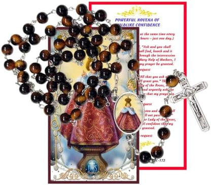 Infant Jesus of Prague Catholic Rosary with Natural Tiger Eye Beads, Silver Crucifix and Center Medal, English Prayer Card, Natural Stone Prayer Beads for Daily Prayer, Devotion & Gifting