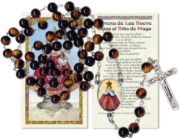 Santo Niño de Praga Rosario Católico de Piedra Natural Tiger Eye, Cuentas de Oración con Crucifijo Plateado y Medalla Central, Cadena Resistente para Uso Diario y Regalos Religiosos