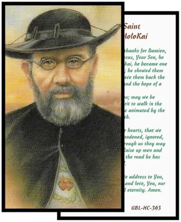 St. Damien of Molokai Catholic Prayer Pin Brooch, Gold-Tone Rhinestone Safety Pin with Saint Medal, Cross Charm, White Pearl Bead Accent & English Prayer Card, Religious Faith Jewelry Gift