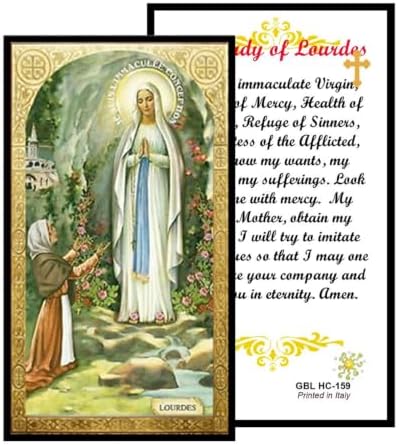 Our Lady of Lourdes Catholic Prayer Pin Brooch, Gold-Tone Rhinestone Safety Pin with Saint Medal, Cross Charm, White Pearl Bead Accent & English Prayer Card, Religious Faith Jewelry Gift