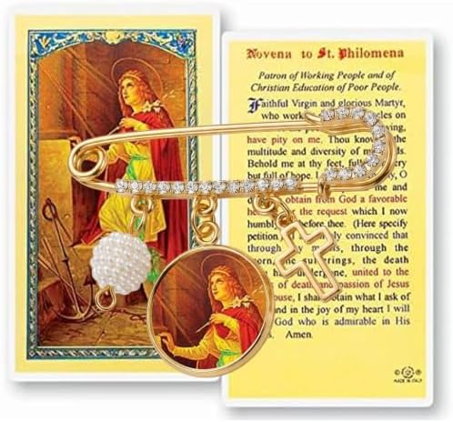 St. Philomena Catholic Prayer Pin Brooch, Gold-Tone Rhinestone Safety Pin with Saint Medal, Cross Charm, Pearl Bead Accent & English Prayer Card, Religious Faith Jewelry Gift